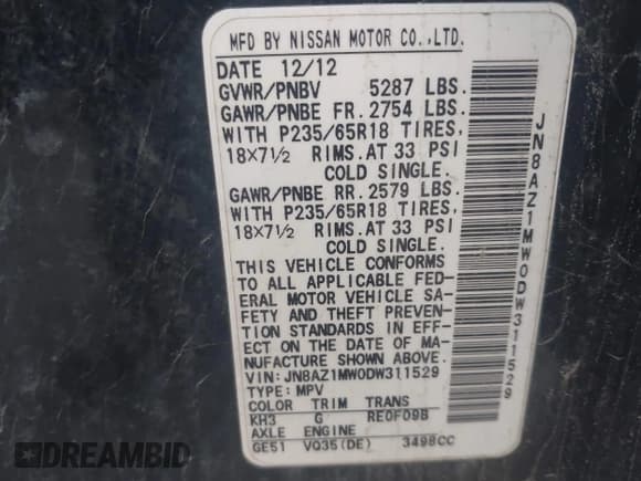 ✅ 2013 Nissan Murano SL • VIN: JN8AZ1MW0DW311529 • Lot: 43589771. Listed on IAAI with 178,492 mi. Free auction sales archive from the USA and detailed vehicle history report at DreamBid. Image 9.