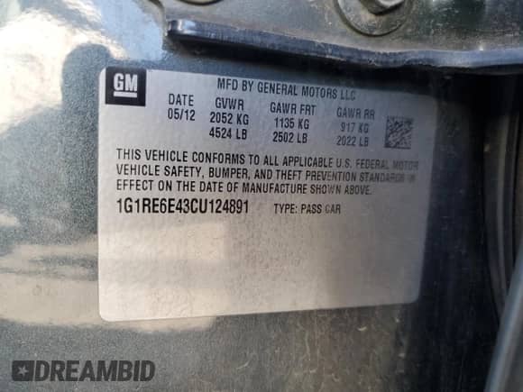 2012 Chevrolet Volt с VIN 1G1RE6E43CU124891, выставлен на аукционе Copart как лот 71282035 с пробегом 148 438 миль миль и Списание • Salvage title. История ставок и продаж доступна на DreamBid. Изображение 12.