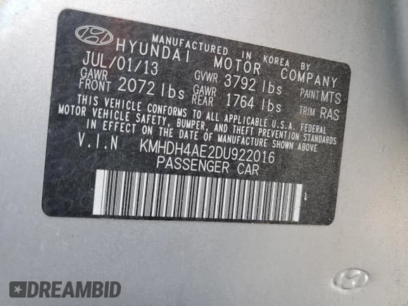 ✅ 2013 Hyundai Elantra GLS • VIN: KMHDH4AE2DU922016 • Lot: 55094225. Listed on Copart with 43,784 mi. Free auction sales archive from the USA and detailed vehicle history report at DreamBid. Image 12.