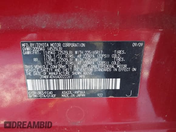 ✅ 2010 Toyota RAV4 • VIN: JTMBF4DV6AD022261 • Лот: 43864175. Опубликован ранее на IAAI с пробегом 229 744 миль. Бесплатный доступ к архиву аукционных продаж из США и подробный отчёт об истории автомобиля на DreamBid. Изображение 9.