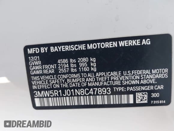✅ 2022 BMW 3 Series 330i • VIN: 3MW5R1J01N8C47893 • Lot: 42312006. Listed on IAAI with 25,430 mi. Free auction sales archive from the USA and detailed vehicle history report at DreamBid. Image 9.