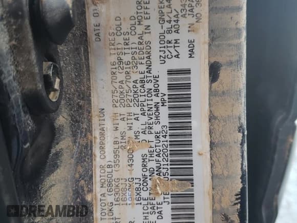 ✅ 2002 Toyota Land Cruiser • VIN: JTEHT05J122021423 • Lot: 75127634. Listed on Copart with Not provided. Free auction sales archive from the USA and detailed vehicle history report at DreamBid. Image 14.