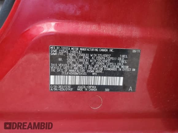 ✅ 2011 Toyota RAV4 • VIN: 2T3JF4DV6BW154565 • Lot: 92179535. Listed on Copart with 201,733 mi. Free auction sales archive from the USA and detailed vehicle history report at DreamBid. Image 13.