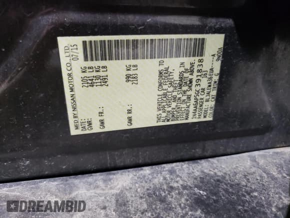 ✅ 2016 Nissan Maxima S • VIN: 1N4AA6AP5GC391838 • Lot: 58764035. Listed on Copart with 170,354 mi. Free auction sales archive from the USA and detailed vehicle history report at DreamBid. Image 12.