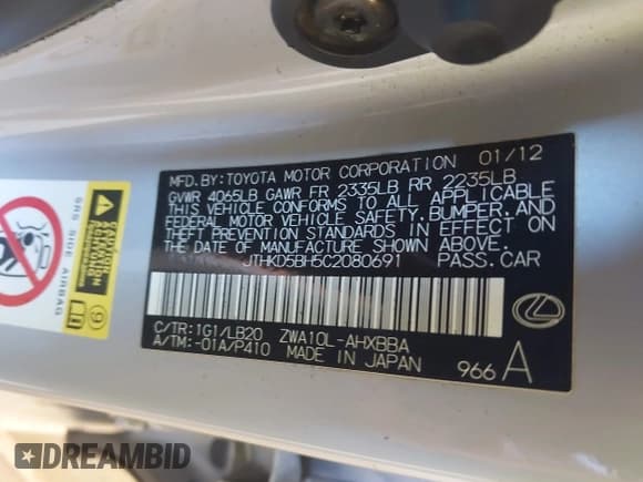 ✅ 2012 Lexus CT 200h Premium • VIN: JTHKD5BH5C2080691 • Лот: 43093592. Опубликован ранее на IAAI с пробегом 114 226 миль. Бесплатный доступ к архиву аукционных продаж из США и подробный отчёт об истории автомобиля на DreamBid. Изображение 9.