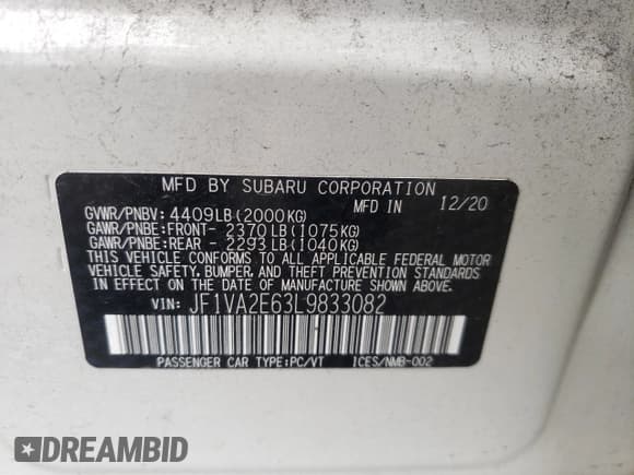 ✅ 2020 Subaru WRX STI • VIN: JF1VA2E63L9833082 • Lot: 63496145. Listed on Copart with 50,516 mi. Free auction sales archive from the USA and detailed vehicle history report at DreamBid. Image 13.