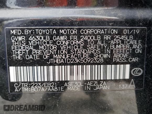 ✅ 2019 Lexus IS 300 • VIN: JTHBA1D23K5092328 • Lot: 53528815. Listed on Copart with 34,245 mi. Free auction sales archive from the USA and detailed vehicle history report at DreamBid. Image 13.