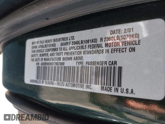 ✅ 2001 Subaru Legacy Outback L.L. Bean • VIN: 4S3BH806517657969 • Лот: 43796468. Опубликован ранее на IAAI с пробегом 218 249 миль. Бесплатный доступ к архиву аукционных продаж из США и подробный отчёт об истории автомобиля на DreamBid. Изображение 9.