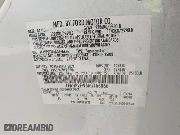 ✅ 2010 Ford Taurus Limited • VIN: 1FAHP2FW6AG166866 • Лот: 43184493. Опубликован ранее на IAAI с пробегом 137 345 миль. Бесплатный доступ к архиву аукционных продаж из США и подробный отчёт об истории автомобиля на DreamBid. Изображение 9.