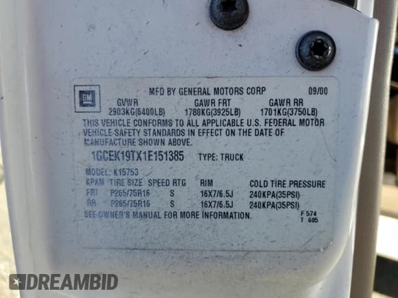 ✅ 2001 Chevrolet Silverado 1500 LT • VIN: 1GCEK19TX1E151385 • Лот: 79708964. Опубликован ранее на Copart с пробегом 171 593 миль. Бесплатный доступ к архиву аукционных продаж из США и подробный отчёт об истории автомобиля на DreamBid. Изображение 12.
