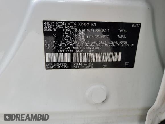 ✅ 2017 Toyota RAV4 LE • VIN: JTMBFREVXHJ148906 • Lot: 66394724. Listed on Copart with 100,340 mi. Free auction sales archive from the USA and detailed vehicle history report at DreamBid. Image 15.