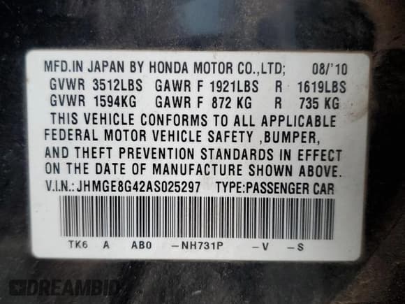 ✅ 2010 Honda Fit Sport • VIN: JHMGE8G42AS025297 • Lot: 84710145. Listed on Copart with 230,005 mi. Free auction sales archive from the USA and detailed vehicle history report at DreamBid. Image 12.