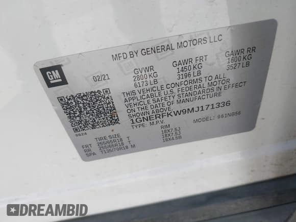 ✅ 2021 Chevrolet Traverse LS • VIN: 1GNERFKW9MJ171336 • Lot: 43135599. Listed on IAAI with 63,765 mi. Free auction sales archive from the USA and detailed vehicle history report at DreamBid. Image 9.