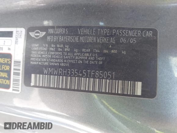 ✅ 2005 MINI Convertible S • VIN: WMWRH33545TF85051 • Lot: 41843147. Listed on IAAI with 109,656 mi. Free auction sales archive from the USA and detailed vehicle history report at DreamBid. Image 9.
