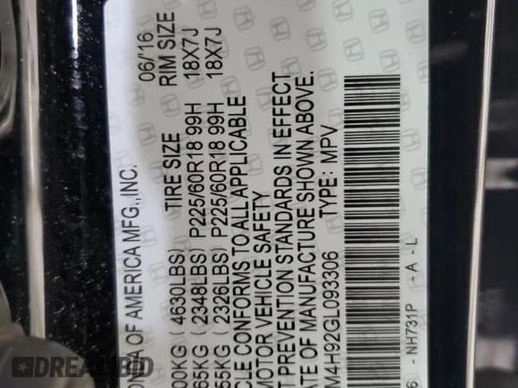 ✅ 2016 Honda CR-V Touring • VIN: 5J6RM4H92GL093306 • Lot: 93310585. Listed on Copart with 112,436 mi. Free auction sales archive from the USA and detailed vehicle history report at DreamBid. Image 14.