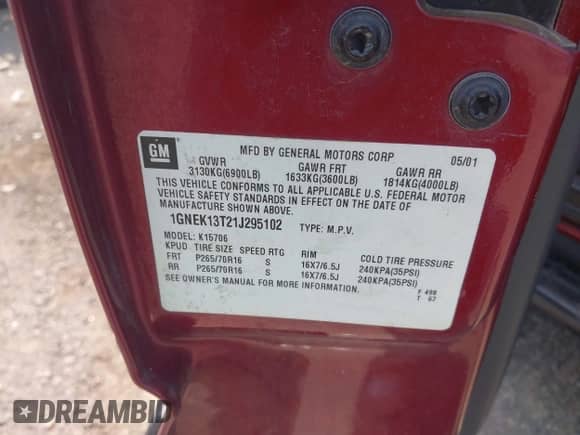 2001 Chevrolet Tahoe LT z VIN 1GNEK13T21J295102, wystawiony jako IAAI lot #42568135 z przebiegiem 286 769 mil mil oraz . Historia ofert i sprzedaży dostępna na DreamBid. Obrazek 9.