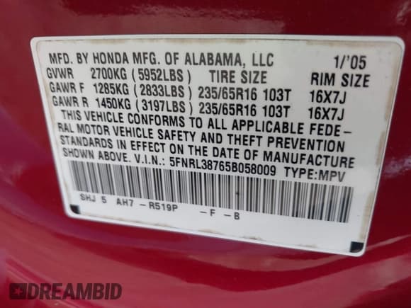 ✅ 2005 Honda Odyssey EX-L • VIN: 5FNRL38765B058009 • Lot: 43248882. Wystawiony na IAAI z przebiegiem 257 484 mil. Bezpłatny archiwum sprzedaży aukcyjnych z USA i szczegółowy raport historii pojazdu na DreamBid. Zdjęcie 9.