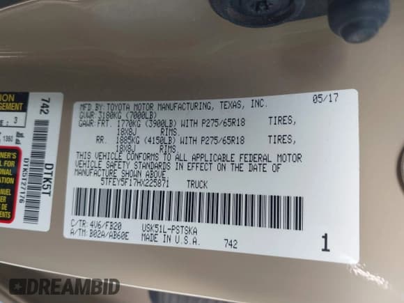 ✅ 2017 Toyota Tundra SR5 • VIN: 5TFEY5F17HX225871 • Лот: 41954311. Опубликован ранее на IAAI с пробегом 125 917 миль. Бесплатный доступ к архиву аукционных продаж из США и подробный отчёт об истории автомобиля на DreamBid. Изображение 9.