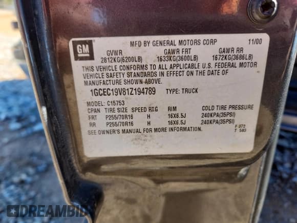 ✅ 2001 Chevrolet Silverado 1500 LS • VIN: 1GCEC19V81Z194789 • Lot: 82613655. Listed on Copart with Not provided. Free auction sales archive from the USA and detailed vehicle history report at DreamBid. Image 13.