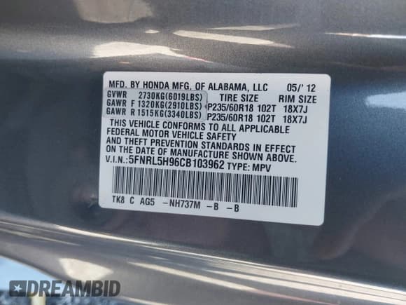 ✅ 2012 Honda Odyssey Touring • VIN: 5FNRL5H96CB103962 • Lot: 43587214. Listed on IAAI with 169,916 mi. Free auction sales archive from the USA and detailed vehicle history report at DreamBid. Image 9.