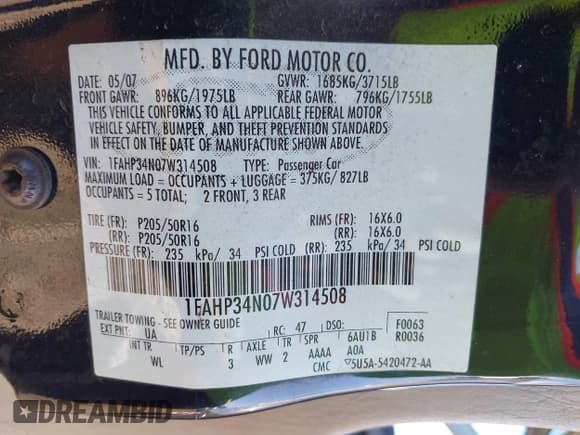 ✅ 2007 Ford Focus S • VIN: 1FAHP34N07W314508 • Lot: 43395002. Listed on IAAI with 164,603 mi. Free auction sales archive from the USA and detailed vehicle history report at DreamBid. Image 9.