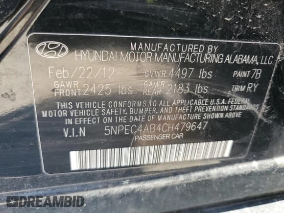 ✅ 2012 Hyundai Sonata Limited • VIN: 5NPEC4AB4CH479647 • Lot: 72022024. Listed on Copart with Not provided. Free auction sales archive from the USA and detailed vehicle history report at DreamBid. Image 12.