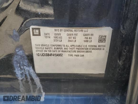 2015 Chevrolet Sonic LT with VIN 1G1JC6SB4F4154962, listed as a Copart auction lot 71555454 with 126,543 mi miles and Clean title. Bid and sale history available at DreamBid. Image 12.