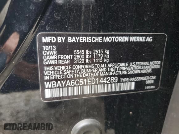 ✅ 2014 BMW 7 Series 740i • VIN: WBAYA6C51ED144289 • Lot: 82503675. Listed on Copart with 77,375 mi. Free auction sales archive from the USA and detailed vehicle history report at DreamBid. Image 12.