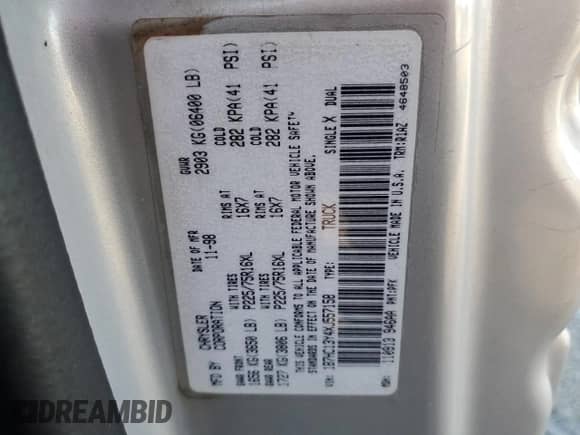 ✅ 1999 Dodge 1500 • VIN: 1B7HC13Y4XJ557158 • Лот: 41570265. Размещён на Copart с пробегом 225 414 миль миль. Получите бесплатный доступ к архиву аукционных продаж из США и посмотрите подробный отчёт об истории автомобиля на DreamBid. Изображение 12.