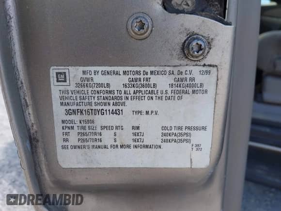 2000 Chevrolet Suburban LT с VIN 3GNFK16T0YG114431, выставлен на аукционе IAAI как лот 42059206 с пробегом 266 582 миль миль и . История ставок и продаж доступна на DreamBid. Изображение 9.