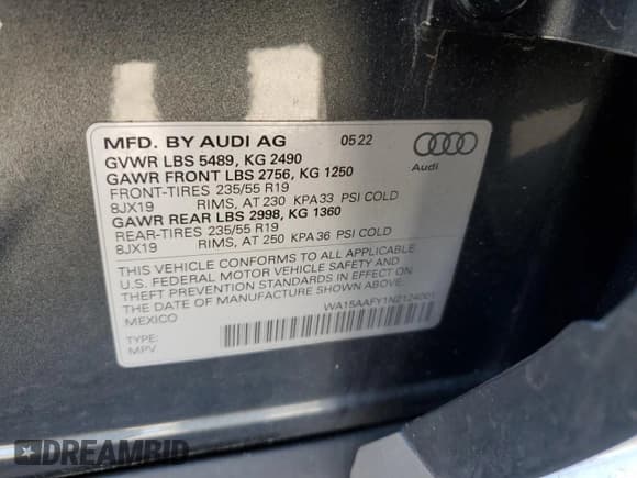 ✅ 2022 Audi Q5 Sportback S line Premium Plus • VIN: WA15AAFY1N2124001 • Lot: 92029655. Listed on Copart with 27,727 mi. Free auction sales archive from the USA and detailed vehicle history report at DreamBid. Image 13.
