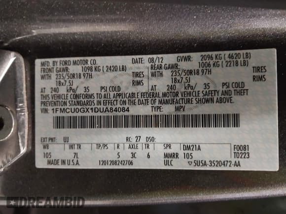 ✅ 2013 Ford Escape SE • VIN: 1FMCU0GX1DUA84084 • Lot: 43845906. Listed on IAAI with 243,517 mi. Free auction sales archive from the USA and detailed vehicle history report at DreamBid. Image 9.