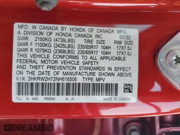 ✅ 2022 Honda CR-V Special Edition • VIN: 2HKRW2H72NH616506 • Lot: 83751705. Listed on Copart with 23,517 mi. Free auction sales archive from the USA and detailed vehicle history report at DreamBid. Image 13.