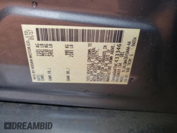 ✅ 2017 Nissan Maxima SR • VIN: 1N4AA6AP7HC433346 • Lot: 70000424. Wystawiony na Copart z przebiegiem 68 764 mil. Bezpłatny archiwum sprzedaży aukcyjnych z USA i szczegółowy raport historii pojazdu na DreamBid. Zdjęcie 12.