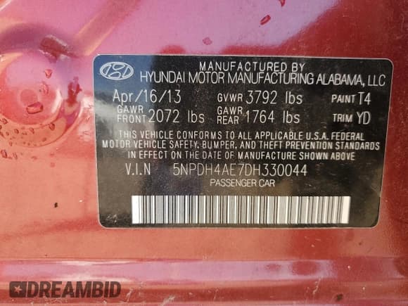 ✅ 2013 Hyundai Elantra GLS • VIN: 5NPDH4AE7DH330044 • Lot: 70101995. Listed on Copart with 89,186 mi. Free auction sales archive from the USA and detailed vehicle history report at DreamBid. Image 12.