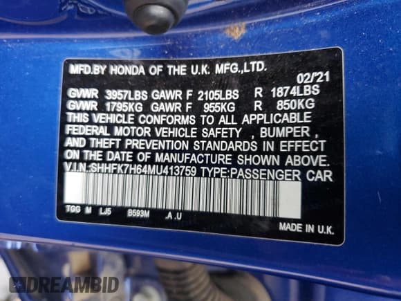 ✅ 2021 Honda Civic EX • VIN: SHHFK7H64MU413759 • Lot: 71361115. Listed on Copart with 50,455 mi. Free auction sales archive from the USA and detailed vehicle history report at DreamBid. Image 12.