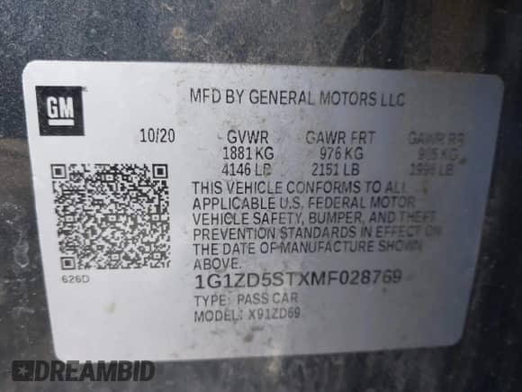 2021 Chevrolet Malibu LT with VIN 1G1ZD5STXMF028769, listed as a IAAI auction lot 42799248 with 98,968 mi miles and . Bid and sale history available at DreamBid. Image 9.