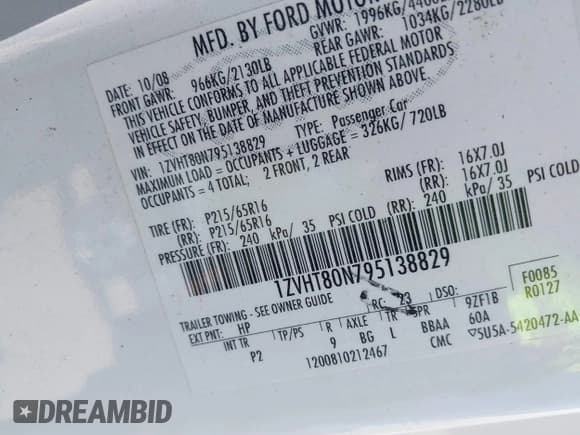 ✅ 2009 Ford Mustang • VIN: 1ZVHT80N795138829 • Lot: 43217919. Listed on IAAI with 162,965 mi. Free auction sales archive from the USA and detailed vehicle history report at DreamBid. Image 9.