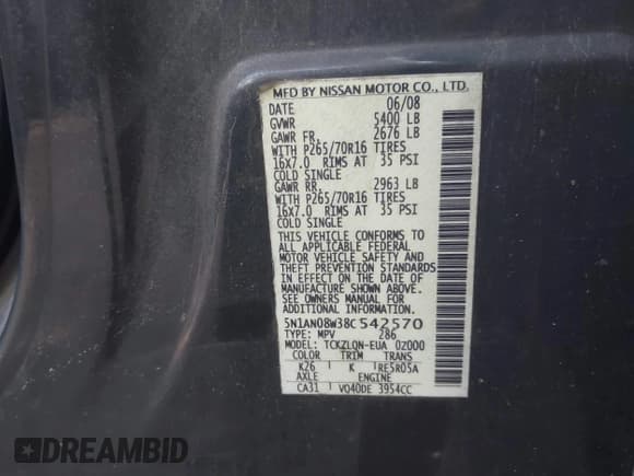 ✅ 2008 Nissan Xterra X • VIN: 5N1AN08W38C542570 • Лот: 42650568. Опубликован ранее на IAAI с пробегом 218 953 миль. Бесплатный доступ к архиву аукционных продаж из США и подробный отчёт об истории автомобиля на DreamBid. Изображение 9.