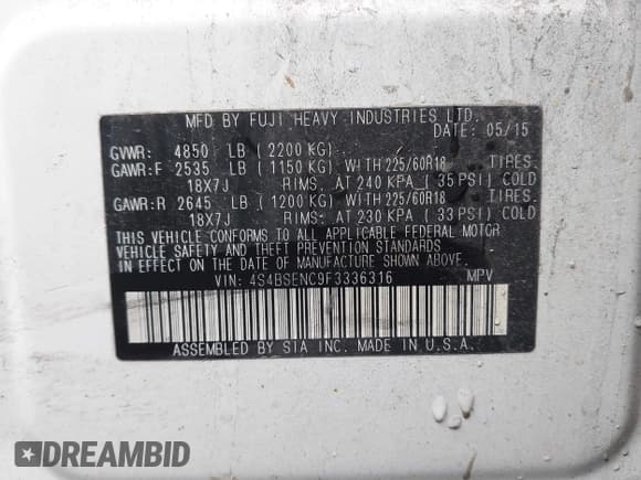 ✅ 2015 Subaru Outback Limited • VIN: 4S4BSENC9F3336316 • Lot: 43644164. Wystawiony na IAAI z przebiegiem 234 287 mil. Bezpłatny archiwum sprzedaży aukcyjnych z USA i szczegółowy raport historii pojazdu na DreamBid. Zdjęcie 9.