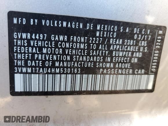 ✅ 2017 Volkswagen Golf S • VIN: 3VWM17AU4HM530163 • Lot: 84834775. Listed on Copart with 72,368 mi. Free auction sales archive from the USA and detailed vehicle history report at DreamBid. Image 12.