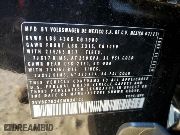 ✅ 2025 Volkswagen Taos S • VIN: 3VV5C7B24SM034125 • Lot: 69115935. Listed on Copart with 11,815 mi. Free auction sales archive from the USA and detailed vehicle history report at DreamBid. Image 13.