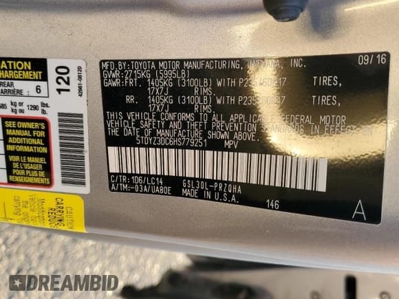 ✅ 2017 Toyota Sienna XLE • VIN: 5TDYZ3DC6HS779251 • Lot: 91639035. Listed on Copart with 109,407 mi. Free auction sales archive from the USA and detailed vehicle history report at DreamBid. Image 13.