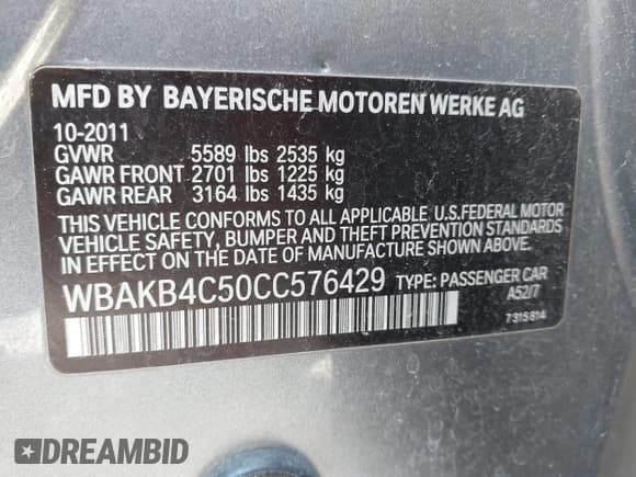 ✅ 2012 BMW 7 Series 740Li • VIN: WBAKB4C50CC576429 • Lot: 42153378. Listed on IAAI with 161,168 mi. Free auction sales archive from the USA and detailed vehicle history report at DreamBid. Image 9.