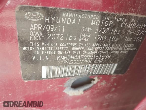 ✅ 2011 Hyundai Elantra GLS • VIN: KMHDH4AE0BU151536 • Lot: 43505113. Listed on IAAI with 119,113 mi. Free auction sales archive from the USA and detailed vehicle history report at DreamBid. Image 9.