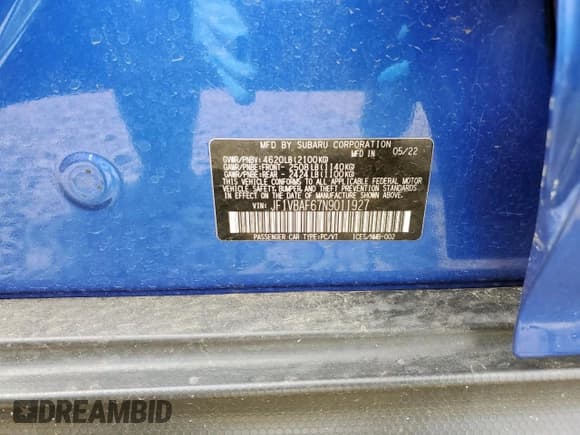 ✅ 2022 Subaru WRX Premium • VIN: JF1VBAF67N9011927 • Lot: 81581165. Listed on Copart with Not provided. Free auction sales archive from the USA and detailed vehicle history report at DreamBid. Image 12.