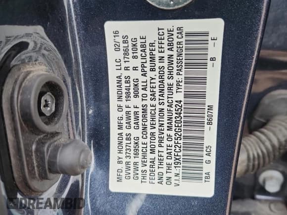 ✅ 2016 Honda Civic LX • VIN: 19XFC2F52GE034524 • Lot: 84631585. Listed on Copart with 124,514 mi. Free auction sales archive from the USA and detailed vehicle history report at DreamBid. Image 12.