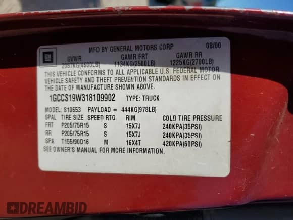 2001 Chevrolet S-10 LS с VIN 1GCCS19W318109902, выставлен на аукционе Copart как лот 77494994 с пробегом 225 659 миль миль и Чистый • Clean title. История ставок и продаж доступна на DreamBid. Изображение 12.