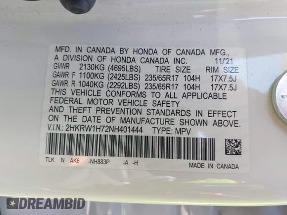 ✅ 2022 Honda CR-V Special Edition • VIN: 2HKRW1H72NH401444 • Lot: 42271438. Listed on IAAI with 70,147 mi. Free auction sales archive from the USA and detailed vehicle history report at DreamBid. Image 9.