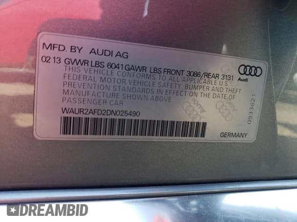 ✅ 2013 Audi A8 4.0L • VIN: WAUR2AFD2DN025490 • Lot: 70553185. Listed on Copart with 77,119 mi. Free auction sales archive from the USA and detailed vehicle history report at DreamBid. Image 12.